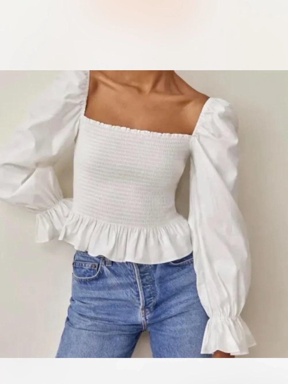Reformation White Smocked Square-Neck Top with Peplum & Puff Sleeves